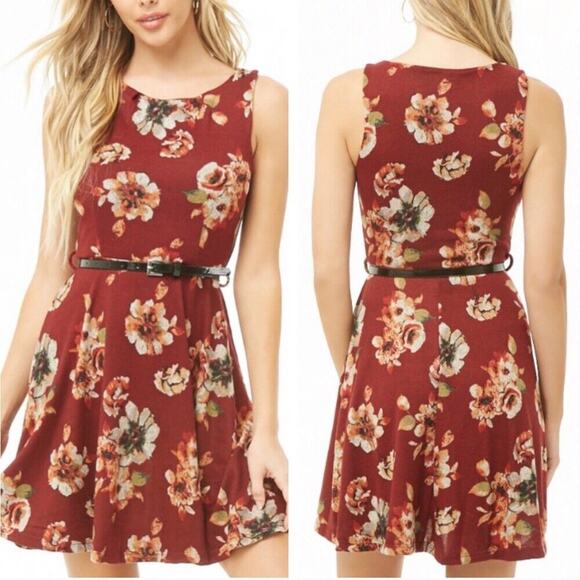 Grunge Y2k Iris Red Wine Floral belted Fit & Flare Sleeveless Knit Dress Small - Picture 5 of 7